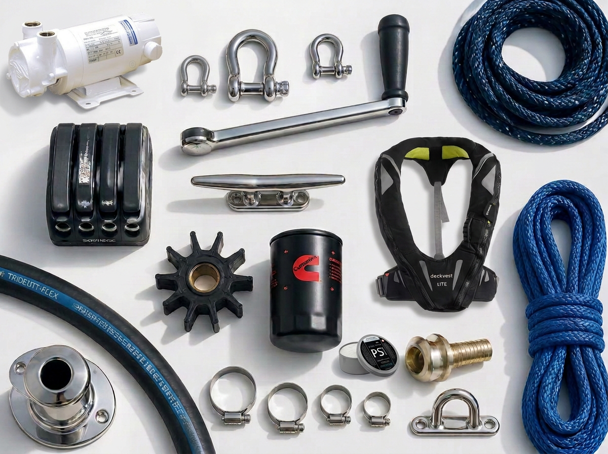 Overhead flat-lay of yacht parts: shackles, winch handle, impeller, filter, pump, Spinlock Deckvest and Permanon PS Paste